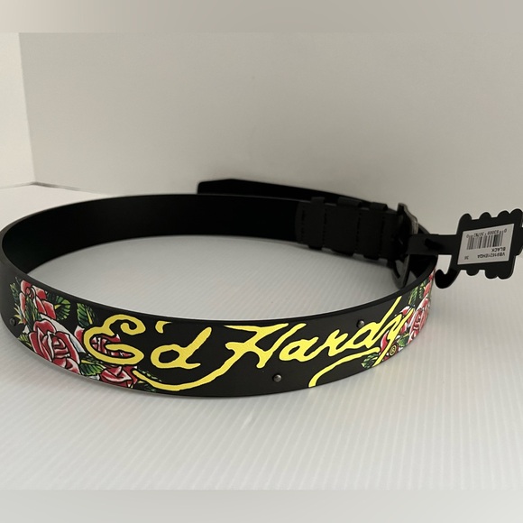 Ed Hardy Men\'s Skull Rose Print Black Belt With Rivet Studs